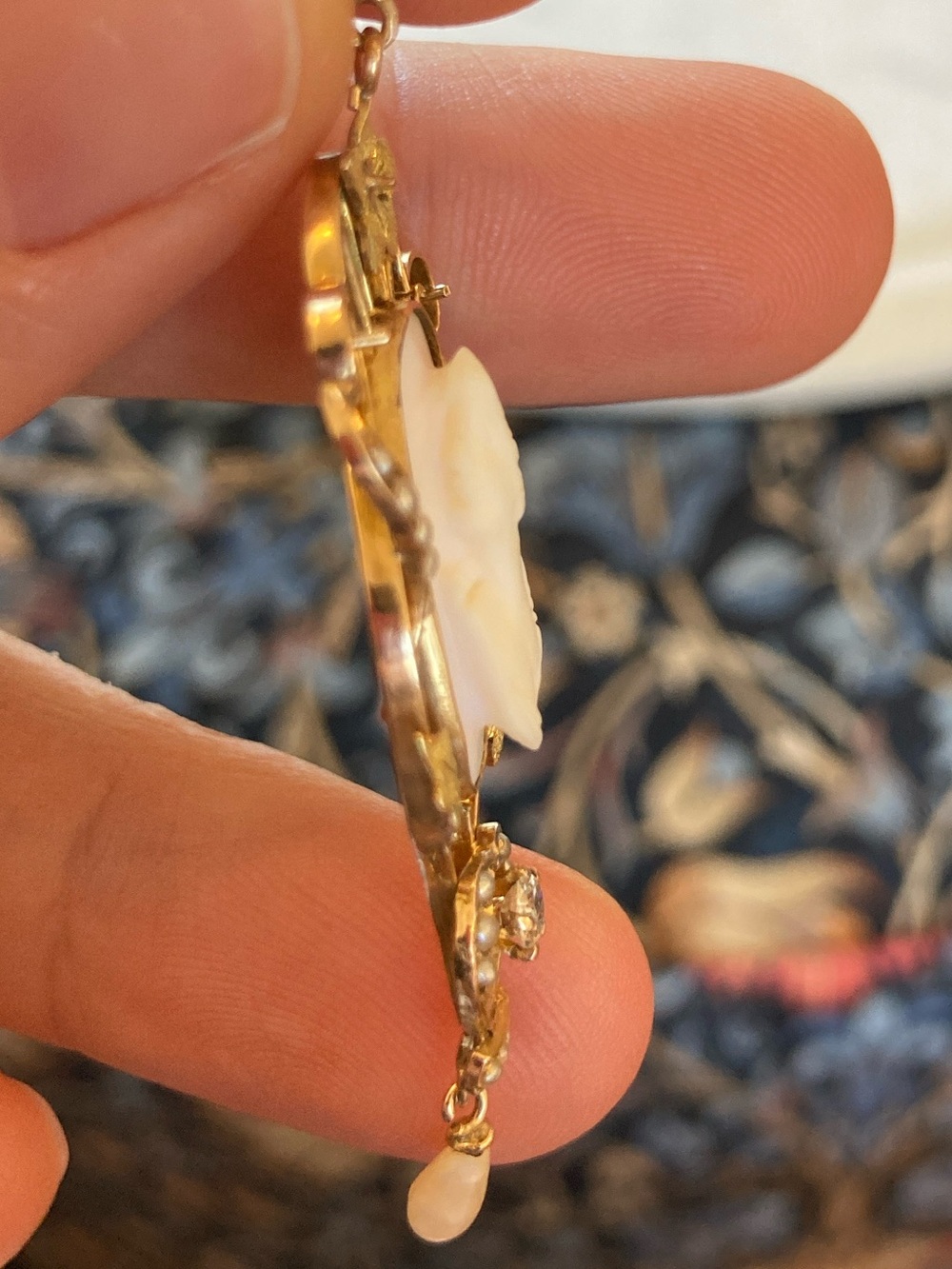 Antique Victorian 10K Diamond, Seed Pearl, Angel Skin Coral Carved Cameo Pendant - Picture 11 of 17